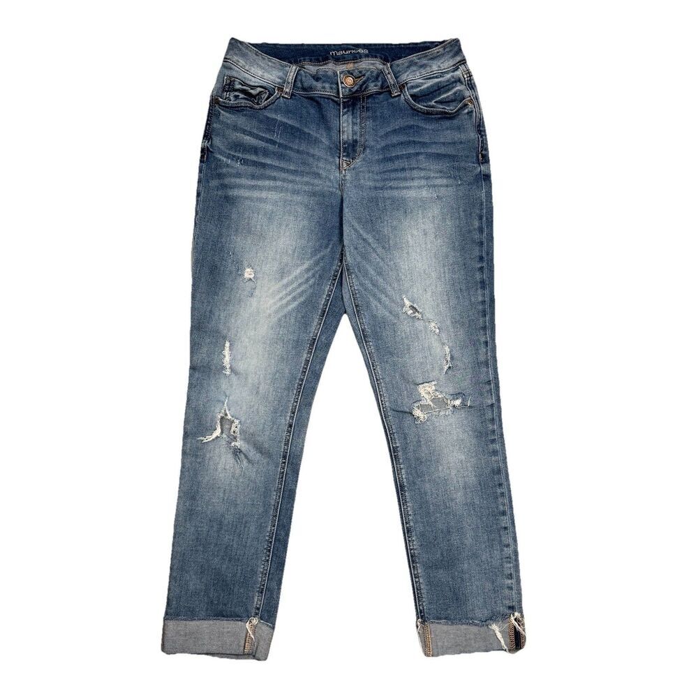 Maurices Ankle Jeans Juniors 5/6 Blue Distressed Cuffed Stretch Measures 29 x 26